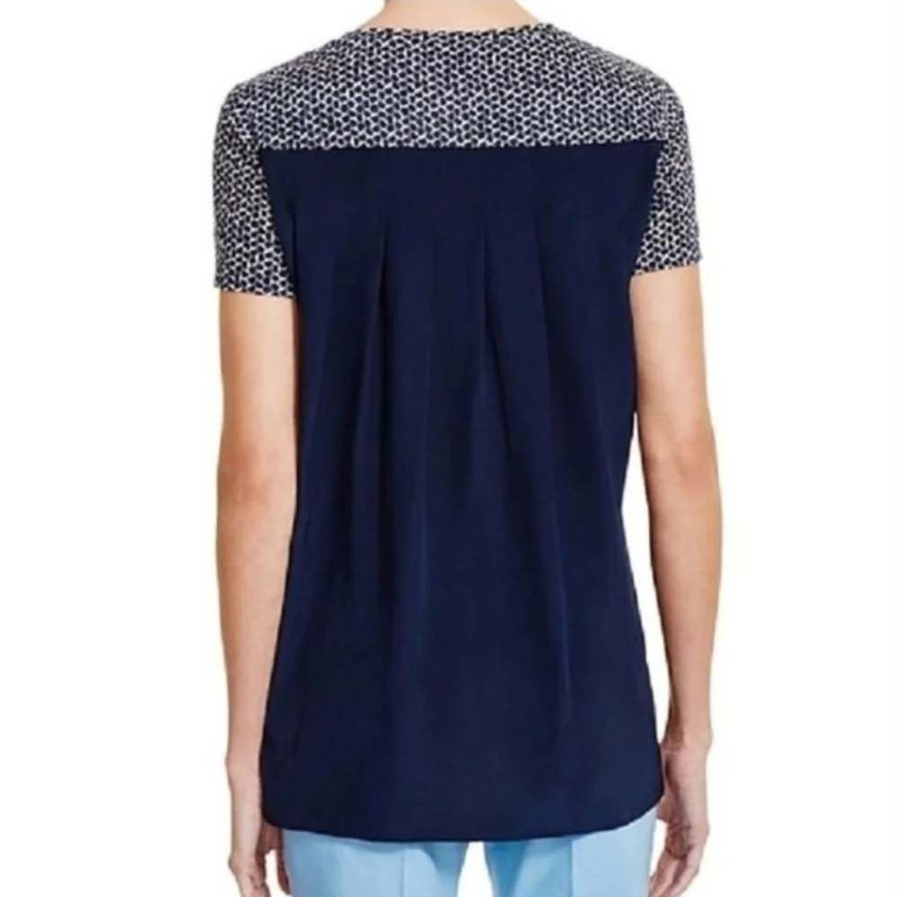 Tory Burch Tessera Navy Blue Linen Silk Short Sleeve Top Shirt Small